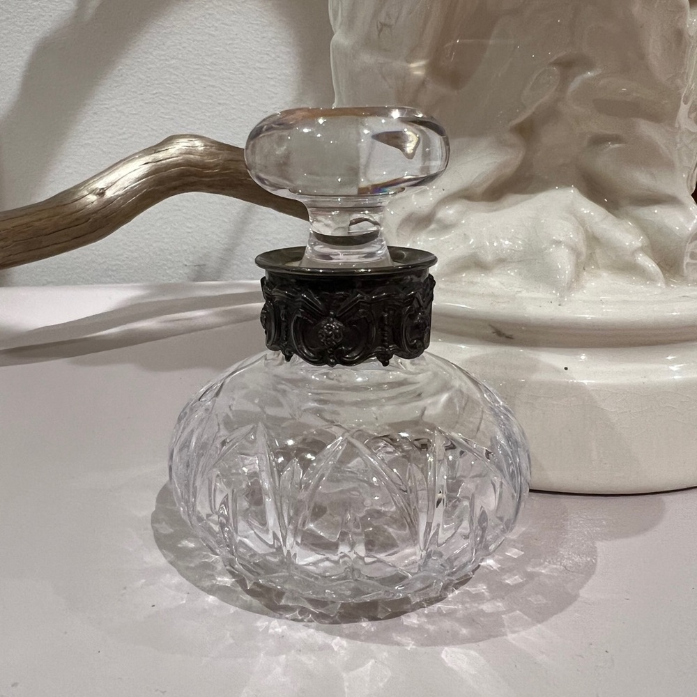 Vintage Cut Glass with Silver Neck and hobnail design stopper perfume bottle
